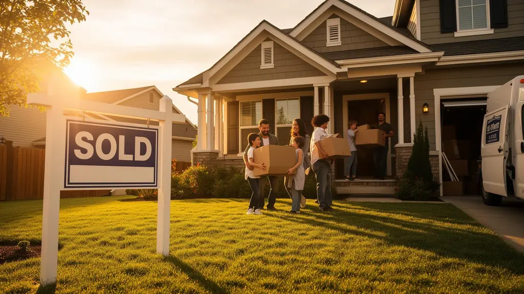 Family moving into their new home with a sold sign in the front yard